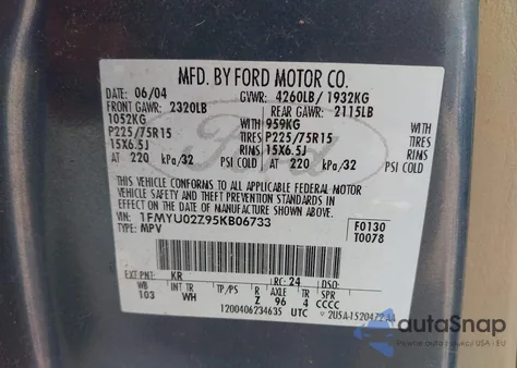 2005 Ford Escape Xls из США, поврежденный, VIN 1FMYU02Z95KB06733